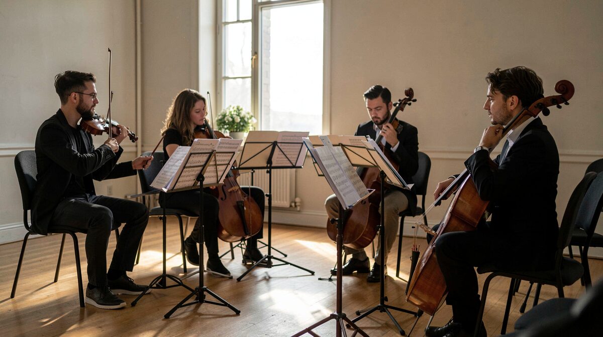 Four string players grouped around music stands in a plain rehearsal room, pencil marks visible on open scores, late afternoon light from a tall window falling across the wooden floor, framed from the side at chest height.