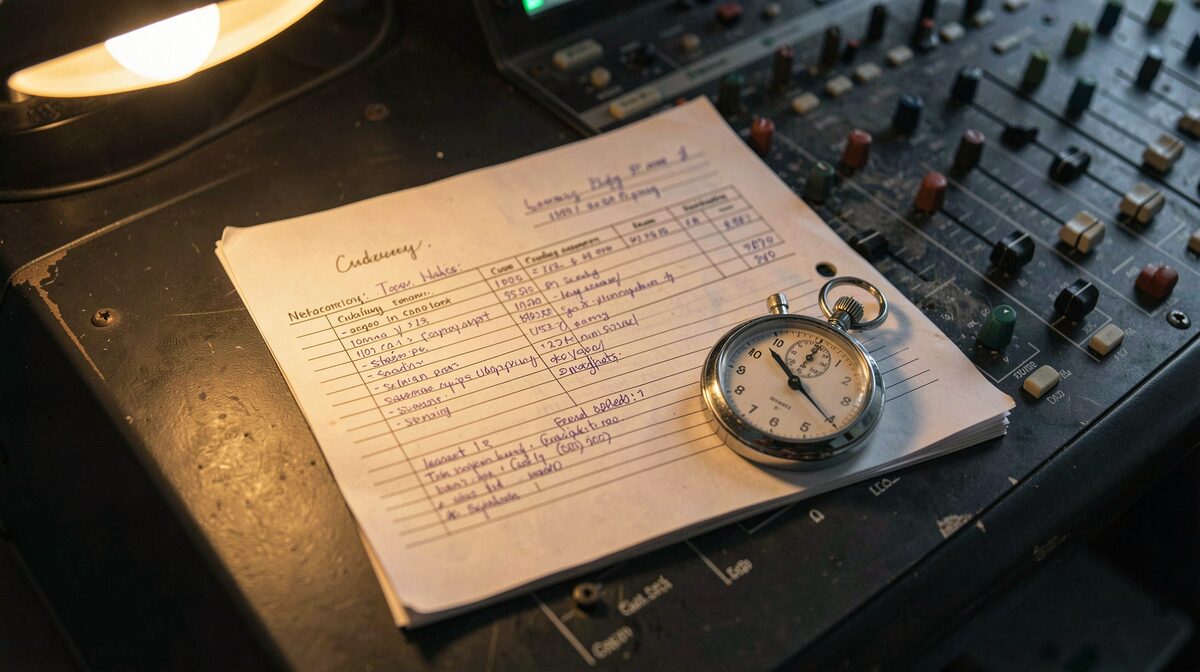 A marked-up cue sheet and a stopwatch resting on a dim mixing desk, lit by a single warm lamp from the left, framed close from above.