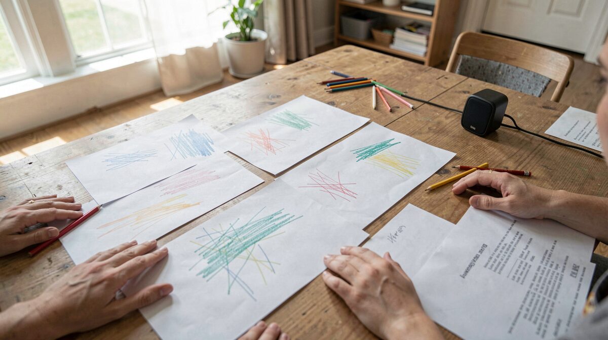 A wide table in a daylit community room, sheets of paper covered with colored pencil marks and small clusters of strokes, a compact speaker at the edge of the frame, hands resting near the paper, shot from a low angle in soft window light.