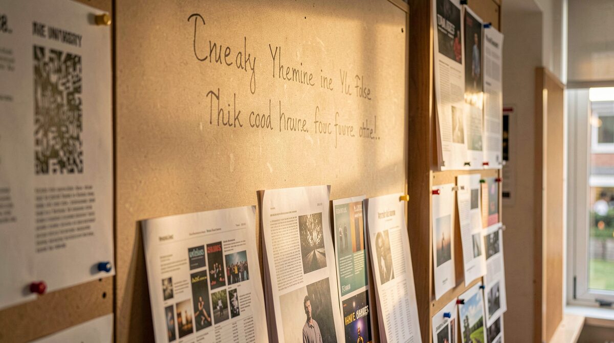 Late afternoon light across a pinned planning wall in a university arts office, with concert programs, print proofs and reading lists arranged beneath one hand-written theme, shot slightly from the side.