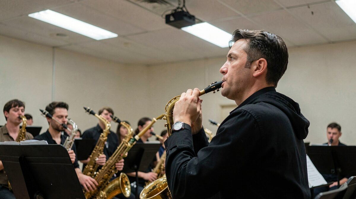 A saxophone section behind music stands in a rehearsal room, lit by overhead fluorescent light, framed from the side as the lead player lifts the chin for the next entrance.